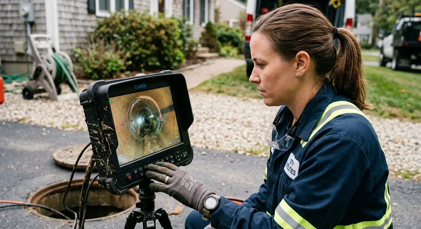 Technician reviewing sewer camera inspection footage in Cranford