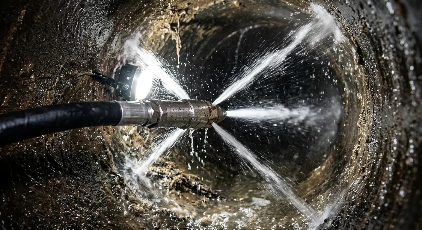 High-pressure hydro jetting nozzle cleaning sewer pipe for Trenchless Sewer Repair in Cranford
